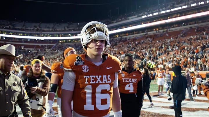 Dec 21, 2024; Austin, Texas, USA; Texas Longhorns quarterback Arch Manning (16) against the Clemson Tigers during the CFP National playoff first round at Darrell K Royal-Texas Memorial Stadium. Mandatory Credit: Mark J. Rebilas-Imagn Images Dec 21, 2024; Austin, Texas, USA; Texas Longhorns quarterback Arch Manning (16) against the Clemson Tigers during the CFP National playoff first round at Darrell K Royal-Texas Memorial Stadium. Mandatory Credit: Mark J. Rebilas-Imagn Images