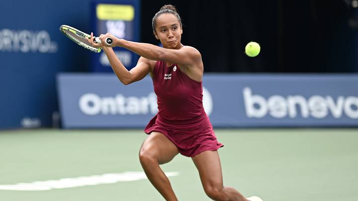 Aug 7, 2026; Toronto, Ontario, Canada;   Leylah Fernandez (CAN) plays a shot against Mirra Andreeva during third round play at Sobeys Stadium. Mandatory Credit: Dan Hamilton-Imagn Images