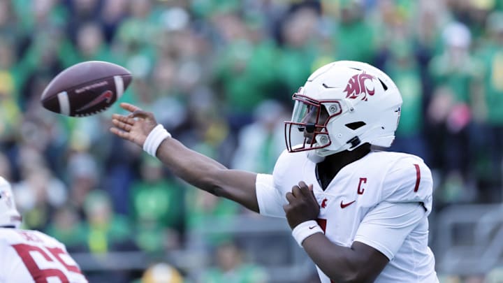 Oct 21, 2023; Eugene, Oregon, USA; Washington State Cougars quarterback Cameron Ward (1) throws the ball during the first half against the Oregon Ducks at Autzen Stadium. Mandatory Credit: Soobum Im-USA TODAY Sports