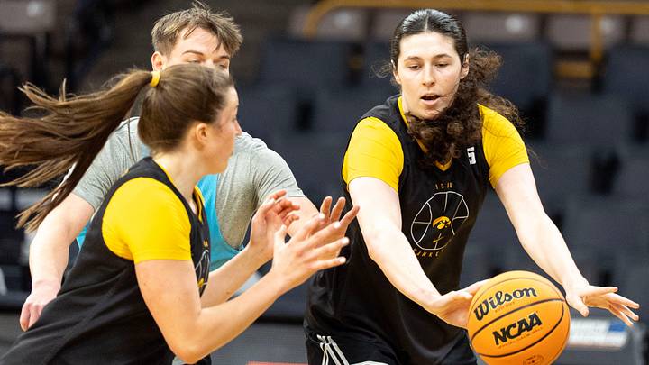 Iowa center Ava Heiden (5) passes the basketball during practice March 20, 2026 ahead of the Iowa Hawkeyes’ First Round NCAA Tournament game at Carver-Hawkeye Arena in Iowa City, Iowa. Iowa center Ava Heiden (5) passes the basketball during practice March 20, 2026 ahead of the Iowa Hawkeyes’ First Round NCAA Tournament game at Carver-Hawkeye Arena in Iowa City, Iowa.