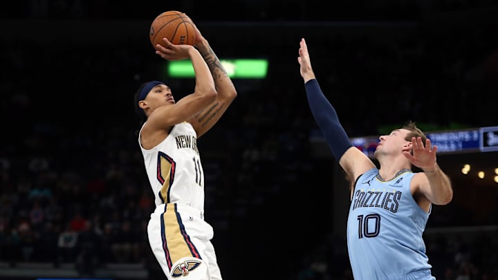 New Orleans Pelicans guard Brandon Boston Jr. shoots as Memphis Grizzlies guard Luke Kennard defends. Mandatory Credit: Petre Thomas-Imagn Images New Orleans Pelicans guard Brandon Boston Jr. shoots as Memphis Grizzlies guard Luke Kennard defends. Mandatory Credit: Petre Thomas-Imagn Images