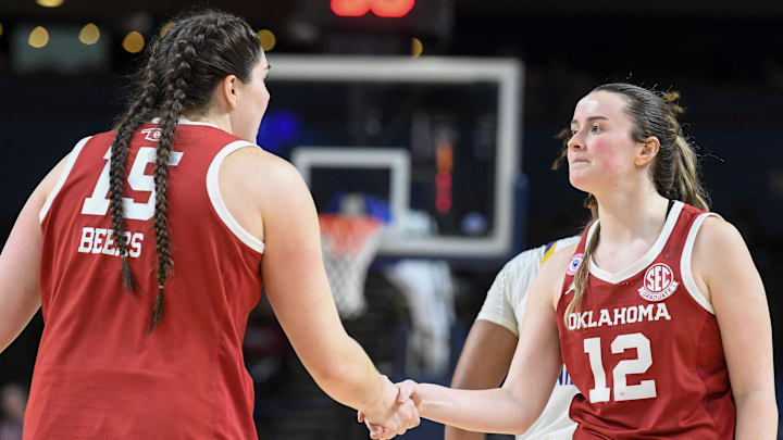 Oklahoma Sooners center Raegan Beers (15) shakes hands with Oklahoma Sooners guard Payton Verhulst (12) Friday, March 6, 2026, during the SEC Women's Basketball Tournament quarterfinals game against the Louisiana State Tigers at Bon Secours Wellness Arena in Greenville, South Carolina. Louisiana State Tigers 112-78. Oklahoma Sooners center Raegan Beers (15) shakes hands with Oklahoma Sooners guard Payton Verhulst (12) Friday, March 6, 2026, during the SEC Women's Basketball Tournament quarterfinals game against the Louisiana State Tigers at Bon Secours Wellness Arena in Greenville, South Carolina. Louisiana State Tigers 112-78.