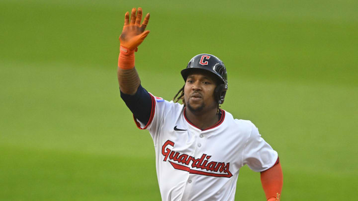 Sep 9, 2025; Cleveland, Ohio, USA; Cleveland Guardians third baseman Jose Ramirez (11) celebrates his solo home run in the first inning against the Kansas City Royals at Progressive Field. Mandatory Credit: David Richard-Imagn Images Sep 9, 2025; Cleveland, Ohio, USA; Cleveland Guardians third baseman Jose Ramirez (11) celebrates his solo home run in the first inning against the Kansas City Royals at Progressive Field. Mandatory Credit: David Richard-Imagn Images