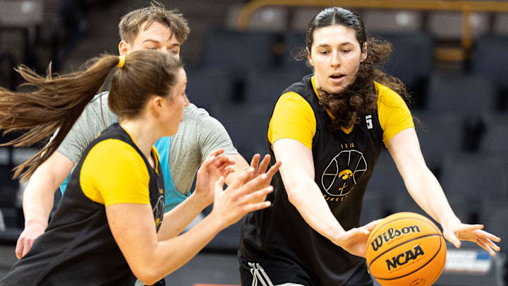 Iowa center Ava Heiden (5) passes the basketball during practice March 20, 2026 ahead of the Iowa Hawkeyes’ First Round NCAA Tournament game at Carver-Hawkeye Arena in Iowa City, Iowa.
