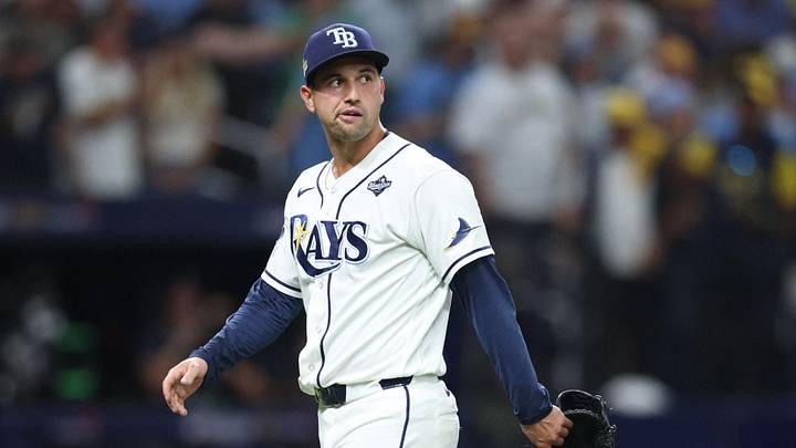 Oct 27, 2026; St. Petersburg, Florida, USA;  Tampa Bay Rays pitcher Ian Seymour (61) reacts during the 12th inning against the Milwaukee Brewers in game four of the 2026 World Series at Tropicana Field.  Mandatory Credit: Nathan Ray Seebeck-Imagn Images