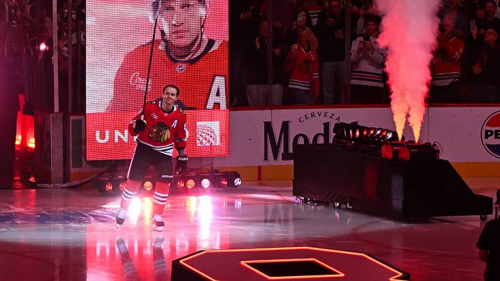 Chicago Blackhawks right wing Patrick Kane (88)is introduced  before the game against the St. Louis Blues  at United Center.  Mandatory Credit: Matt Marton-Imagn Images