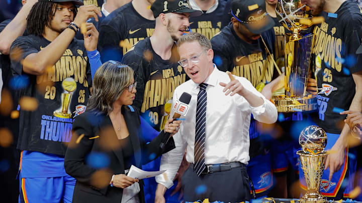 Jun 22, 2025; Oklahoma City, Oklahoma, USA; Oklahoma City Thunder general manager Sam Presti speaks during the championship ceremony after his team defeated the Indiana Pacers in game seven of the 2025 NBA Finals at Paycom Center. Mandatory Credit: Alonzo Adams-Imagn Images