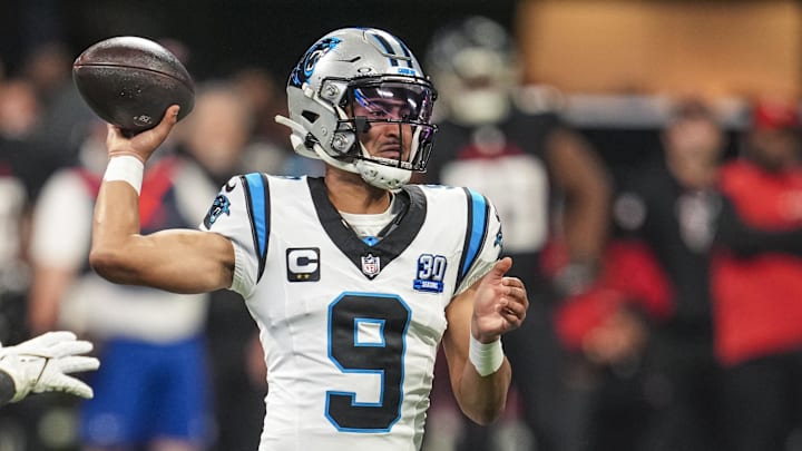 Jan 5, 2025; Atlanta, Georgia, USA; Carolina Panthers quarterback Bryce Young (9) passes against the Atlanta Falcons during the first half at Mercedes-Benz Stadium. Mandatory Credit: Dale Zanine-Imagn Images