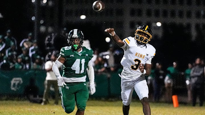 Detroit King quarterback Darryl Flemister (3) makes a pass against Cass Tech during the second half at Cass Tech High School in Detroit on Friday, Sept. 20, 2024.