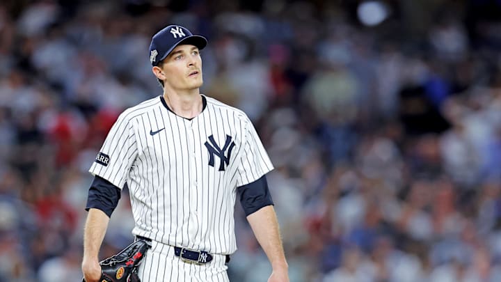 Sep 30, 2025; Bronx, New York, USA; New York Yankees pitcher Max Fried (54) reacts after a play at the top of the sixth inning against Boston Red Sox during game one of the Wildcard round for the 2025 MLB playoffs at Yankee Stadium. Mandatory Credit: Brad Penner-Imagn Images
