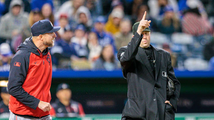 Apr 7, 2025; Kansas City, Missouri, USA; Minnesota Twins manager Rocco Baldelli is ejected from the game during the sixth inning against the Kansas City Royals at Kauffman Stadium. Mandatory Credit: William Purnell-Imagn Images