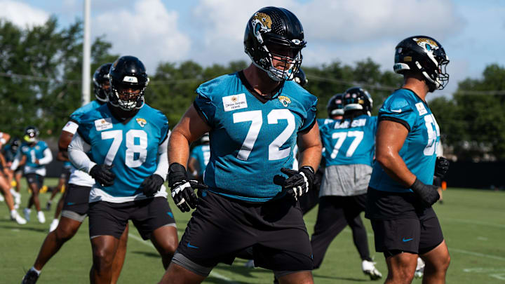 Jacksonville Jaguars offensive tackle Walker Little (72) stretches during the Jacksonville Jaguars’ third mandatory minicamp Thursday June 12, 2025 at the Miller Electric Center in Jacksonville, Fla. [Doug Engle/Florida Times-Union]