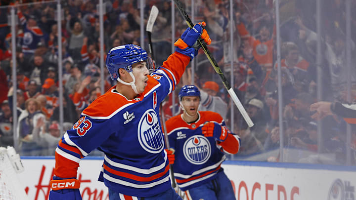 Oct 23, 2025; Edmonton, Alberta, CAN;  Edmonton Oilers forward Ryan Nugent-Hopkins (93) celebrates after scoring a goal against the Montreal Canadiens at Rogers Place. Mandatory Credit: Perry Nelson-Imagn Images