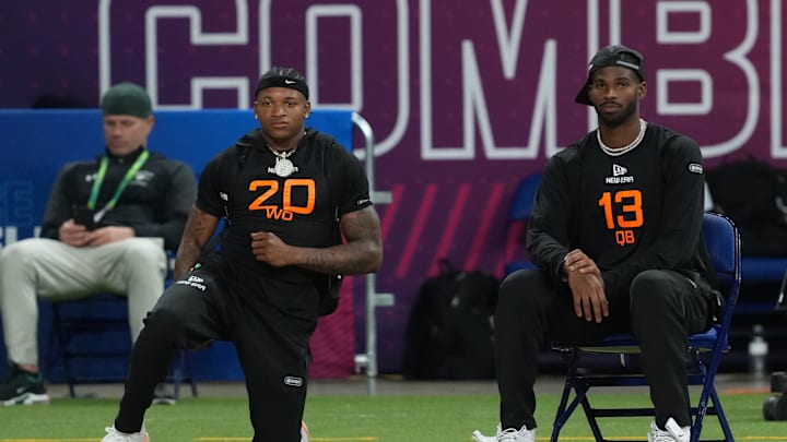 Mar 1, 2025; Indianapolis, IN, USA; Colorado wideout Jimmy Horn (WO20) and Colorado quarterback Shadeur Sanders (QB13) during the 2025 NFL Combine at Lucas Oil Stadium. Mandatory Credit: Kirby Lee-Imagn Images
