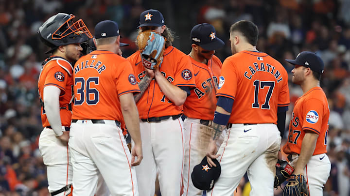 Oct 2, 2024; Houston, Texas, USA; Houston Astros pitcher Josh Hader (71) talks with pitching coach Joshua Miller (36) during the eighth inning of game two of the Wildcard round for the 2024 MLB Playoffs against the Detroit Tigers at Minute Maid Park. Oct 2, 2024; Houston, Texas, USA; Houston Astros pitcher Josh Hader (71) talks with pitching coach Joshua Miller (36) during the eighth inning of game two of the Wildcard round for the 2024 MLB Playoffs against the Detroit Tigers at Minute Maid Park.