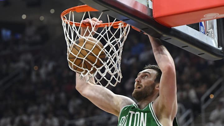 May 13, 2024; Cleveland, Ohio, USA; Boston Celtics center Luke Kornet (40) dunks against the Cleveland Cavaliers in the second quarter of game four of the second round for the 2024 NBA playoffs at Rocket Mortgage FieldHouse. Mandatory Credit: David Richard-USA TODAY Sports