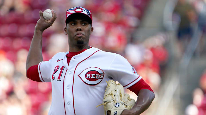 Cincinnati Reds starting pitcher Hunter Greene (21) delivers during the first inning of a baseball game against the New York Mets, Monday, July 4, 2022, at Great American Ball Park in Cincinnati. Cincinnati Reds starting pitcher Hunter Greene (21) delivers during the first inning of a baseball game against the New York Mets, Monday, July 4, 2022, at Great American Ball Park in Cincinnati.