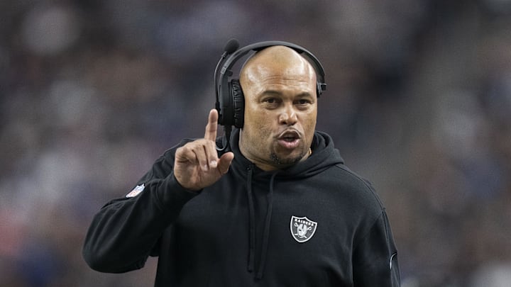 November 5, 2023; Paradise, Nevada, USA; Las Vegas Raiders interim head coach Antonio Pierce signals against the New York Giants during the second quarter at Allegiant Stadium. Mandatory Credit: Kyle Terada-Imagn Images