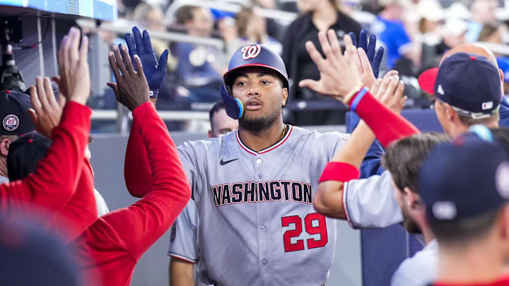 Mar 31, 2025; Toronto, Ontario, CAN; Washington Nationals outfielder James Wood (29) celebrates scoring during the sixth inning in their MLB game against the Toronto Blue Jays at Rogers Centre. Mandatory Credit: Kevin Sousa-Imagn Images