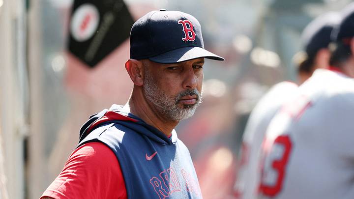 Anaheim, California, USA;  Boston Red Sox manager Alex Cora (13) looks down in the dugout during the eighth inning against the Los Angeles Angels at Angel Stadium. Mandatory Credit: Kiyoshi Mio-Imagn Images