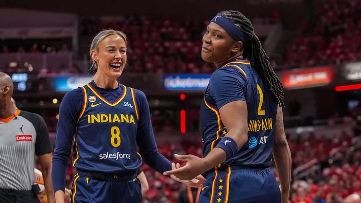 Indiana Fever guard Sophie Cunningham (8) celebrates with Indiana Fever forward Myisha Hines-Allen (2) on Tuesday, Sept. 29, 2026, during the game two of the first round of the WNBA Playoffs at Gainbrigde Fieldhouse in Indianapolis. Indiana Fever guard Sophie Cunningham (8) celebrates with Indiana Fever forward Myisha Hines-Allen (2) on Tuesday, Sept. 29, 2026, during the game two of the first round of the WNBA Playoffs at Gainbrigde Fieldhouse in Indianapolis.