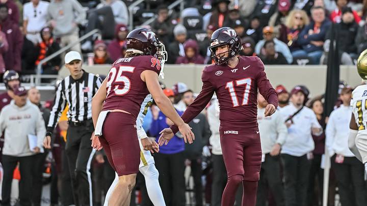 Oct 17, 2026; Blacksburg, Virginia, USA;  Virginia Tech Hokies punter Nathan Totten (95) congratulates Virginia Tech Hokies kicker John Love (17) on a field goal during the fourth quarter against the Georgia Tech Yellow Jackets at Lane Stadium.  Mandatory Credit: Brian Bishop-Imagn Images