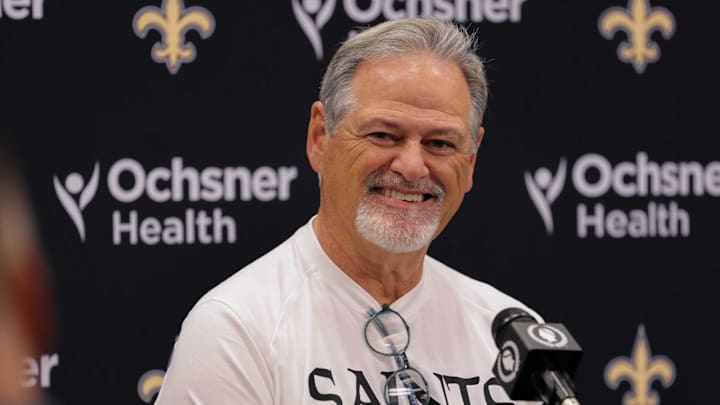 Jul 26, 2022; New Orleans, Louisiana, US;  New Orleans Saints general manager Mickey Loomis at training camp press conference at Ochsner Sports Performance Center. Mandatory Credit: Stephen Lew-Imagn Images