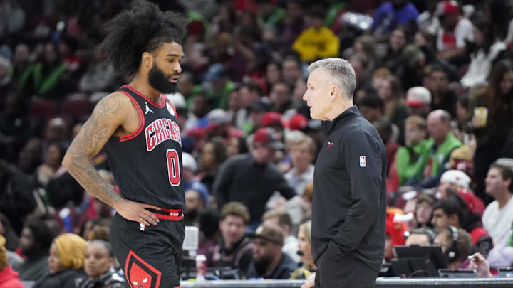 Mar 13, 2025; Chicago, Illinois, USA; Chicago Bulls head coach Billy Donovan talks with guard Coby White (0) against the Brooklyn Nets during the second half at United Center. Mandatory Credit: David Banks-Imagn Images Mar 13, 2025; Chicago, Illinois, USA; Chicago Bulls head coach Billy Donovan talks with guard Coby White (0) against the Brooklyn Nets during the second half at United Center. Mandatory Credit: David Banks-Imagn Images