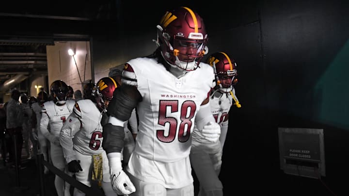 Nov 14, 2024; Philadelphia, Pennsylvania, USA; Washington Commanders linebacker Jordan Magee (58) against the Philadelphia Eagles at Lincoln Financial Field. Mandatory Credit: Eric Hartline-Imagn Images Nov 14, 2024; Philadelphia, Pennsylvania, USA; Washington Commanders linebacker Jordan Magee (58) against the Philadelphia Eagles at Lincoln Financial Field. Mandatory Credit: Eric Hartline-Imagn Images