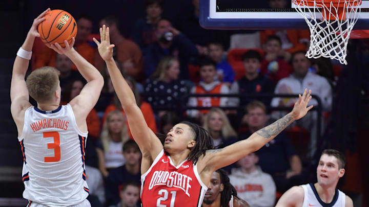 Feb 2, 2025; Champaign, Illinois, USA; Illinois Fighting Illini forward Ben Humrichous (3) shoots the ball as Ohio State Buckeyes forward Devin Royal (21) defends during the second half at State Farm Center. Mandatory Credit: Ron Johnson-Imagn Images Feb 2, 2025; Champaign, Illinois, USA; Illinois Fighting Illini forward Ben Humrichous (3) shoots the ball as Ohio State Buckeyes forward Devin Royal (21) defends during the second half at State Farm Center. Mandatory Credit: Ron Johnson-Imagn Images