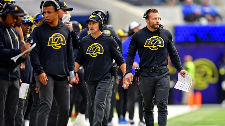 Nov 16, 2025; Inglewood, California, USA; Los Angeles Rams head coach Sean McVay looks on during the second half against the Seattle Seahawks at SoFi Stadium. Mandatory Credit: Gary A. Vasquez-Imagn Images Nov 16, 2025; Inglewood, California, USA; Los Angeles Rams head coach Sean McVay looks on during the second half against the Seattle Seahawks at SoFi Stadium. Mandatory Credit: Gary A. Vasquez-Imagn Images