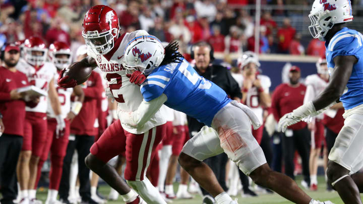 Oct 7, 2023; Oxford, Mississippi, USA; Arkansas Razorbacks wide receiver Andrew Armstrong (2) runs Oct 7, 2023; Oxford, Mississippi, USA; Arkansas Razorbacks wide receiver Andrew Armstrong (2) runs