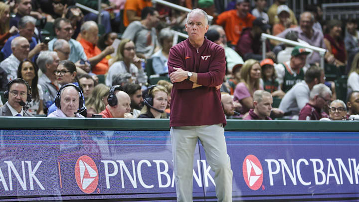 Feb 3, 2024; Coral Gables, Florida, USA; Virginia Tech Hokies head coach Mike Young watches from the sideline against the Miami Hurricanes during the first half at Watsco Center. Mandatory Credit: Sam Navarro-USA TODAY Sports