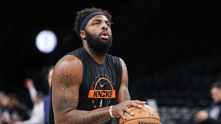 Mar 20, 2026; Brooklyn, New York, USA; New York Knicks center Mitchell Robinson (23) warms up before the game against the Brooklyn Nets at Barclays Center. Mandatory Credit: Vincent Carchietta-Imagn Images