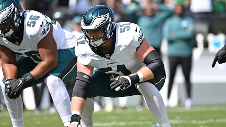 Sep 21, 2025; Philadelphia, Pennsylvania, USA; Philadelphia Eagles center Cam Jurgens (51) against the Los Angeles Rams at Lincoln Financial Field. Sep 21, 2025; Philadelphia, Pennsylvania, USA; Philadelphia Eagles center Cam Jurgens (51) against the Los Angeles Rams at Lincoln Financial Field.