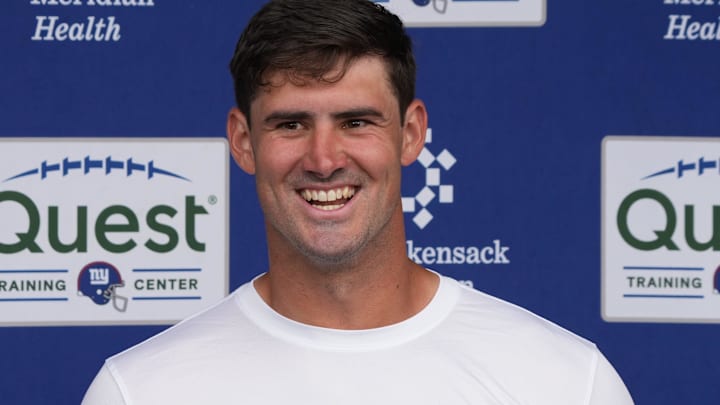East Rutherford, NJ -- June 11, 2024 -- Quarterback Daniel Jones is interviewed at the end of practice field at the NY Giants Mandatory Minicamp at their practice facility in East Rutherford, NJ.