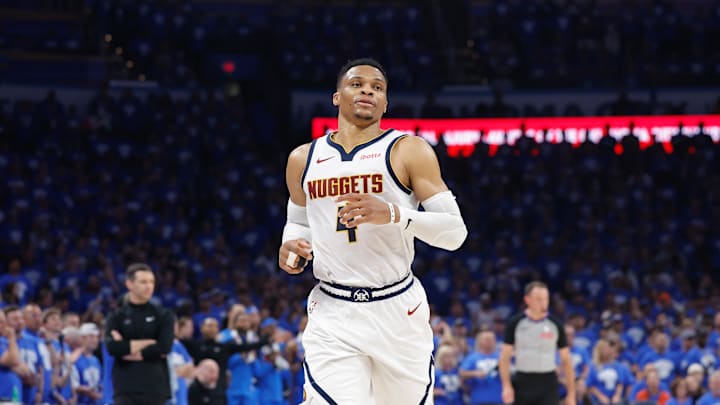 May 18, 2025; Oklahoma City, Oklahoma, USA; Denver Nuggets guard Russell Westbrook (4) runs down the court against the Oklahoma City Thunder in the second quarter during game seven of the second round for the 2025 NBA Playoffs at Paycom Center. Mandatory Credit: Alonzo Adams-Imagn Images May 18, 2025; Oklahoma City, Oklahoma, USA; Denver Nuggets guard Russell Westbrook (4) runs down the court against the Oklahoma City Thunder in the second quarter during game seven of the second round for the 2025 NBA Playoffs at Paycom Center. Mandatory Credit: Alonzo Adams-Imagn Images