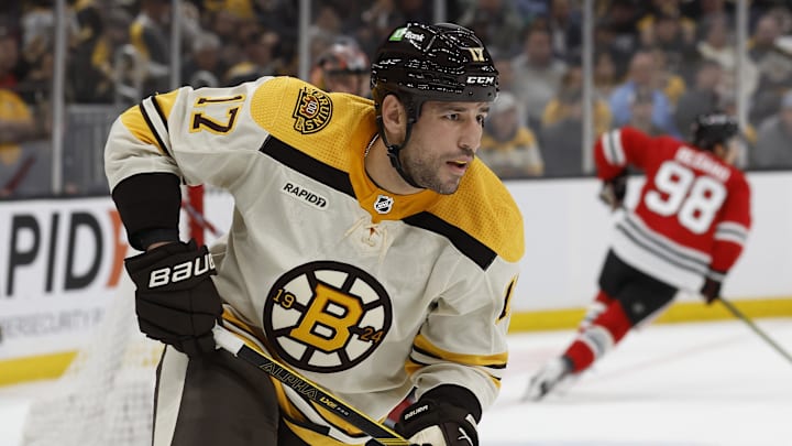 Oct 11, 2023; Boston, Massachusetts, USA; Boston Bruins left wing Milan Lucic (17) during the second