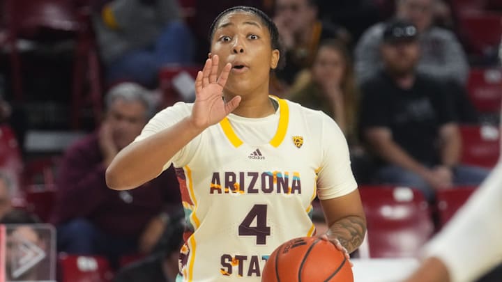 ASU Sun Devils guard Trayanna Crisp (4) yells out to her teammates.