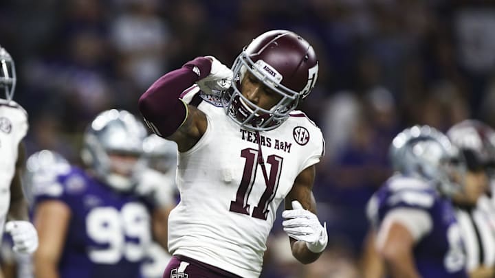 Dec 28, 2016; Houston, TX, USA; Texas A&M Aggies wide receiver Josh Reynolds (11) reacts after scoring a touchdown during the third quarter against the Kansas State Wildcats at NRG Stadium. Mandatory Credit: Troy Taormina-Imagn Images