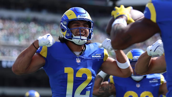 Sep 21, 2025; Philadelphia, Pennsylvania, USA; Los Angeles Rams wide receiver Puka Nacua (12) reacts against the Philadelphia Eagles  during the first half at Lincoln Financial Field. Mandatory Credit: Bill Streicher-Imagn Images