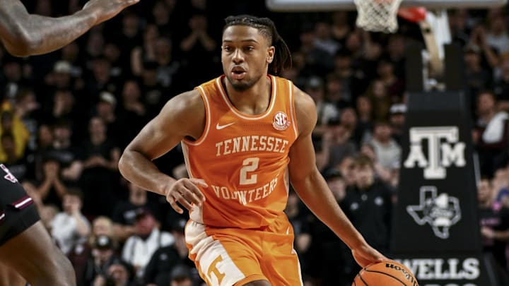 Feb 22, 2025; College Station, Texas, USA; Tennessee Volunteers guard Chaz Lanier (2) looks to pass the ball during the second half against the Texas A&M Aggies at Reed Arena. Mandatory Credit: Maria Lysaker-Imagn Images 