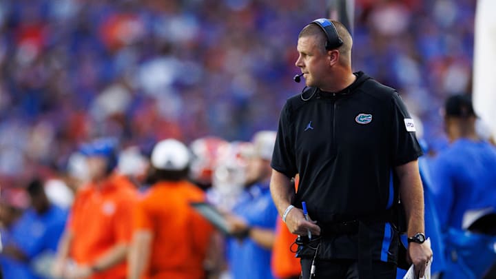 Aug 30, 2025; Gainesville, Florida, USA; Florida Gators head coach Billy Napier looks on against the Long Island Sharks during the first half at Ben Hill Griffin Stadium. Mandatory Credit: Matt Pendleton-Imagn Images