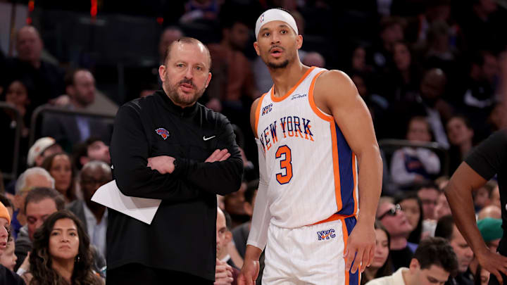 Jan 12, 2025; New York, New York, USA; New York Knicks head coach Tom Thibodeau talks to guard Josh Hart (3) during the second quarter against the Milwaukee Bucks at Madison Square Garden. Mandatory Credit: Brad Penner-Imagn Images