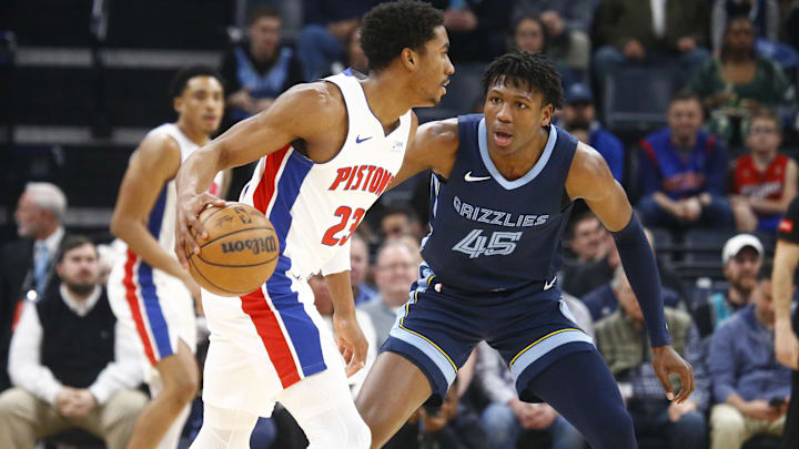 Apr 5, 2024; Memphis, Tennessee, USA; Detroit Pistons guard Jaden Ivey (23) dribbles as Memphis Grizzlies forward GG Jackson (45) defends during the first half at FedExForum. Mandatory Credit: Petre Thomas-Imagn Images