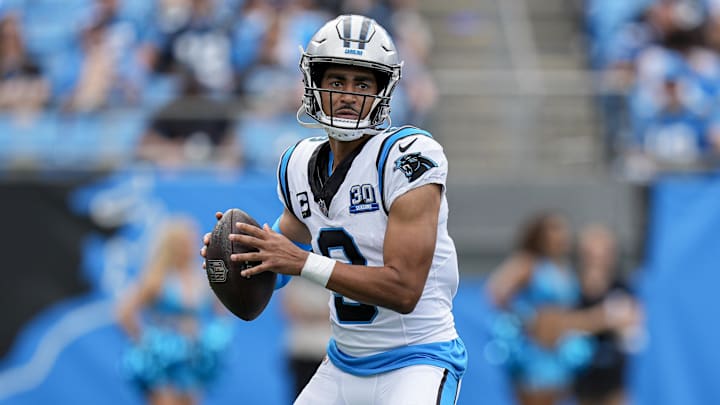 Sep 15, 2024; Charlotte, North Carolina, USA; Carolina Panthers quarterback Bryce Young (9) throws against the Los Angeles Chargers during the second half at Bank of America Stadium. Mandatory Credit: Jim Dedmon-Imagn Images