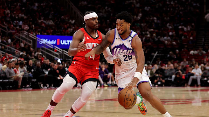 Apr 3, 2026; Houston, Texas, USA; Utah Jazz forward Brice Sensabaugh (28) handles the ball against Houston Rockets guard Aaron Holiday (0) during the second quarter at Toyota Center. Mandatory Credit: Erik Williams-Imagn Images Apr 3, 2026; Houston, Texas, USA; Utah Jazz forward Brice Sensabaugh (28) handles the ball against Houston Rockets guard Aaron Holiday (0) during the second quarter at Toyota Center. Mandatory Credit: Erik Williams-Imagn Images