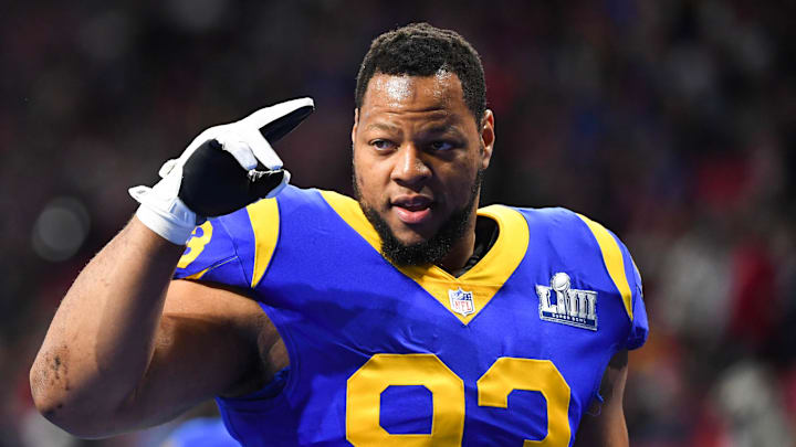 Feb 3, 2019; Atlanta, GA, USA; Los Angeles Rams nose tackle Ndamukong Suh (93) reacts during warm-ups before Super Bowl LIII against the New England Patriots at Mercedes-Benz Stadium. Mandatory Credit: Robert Deutsch-Imagn Images Feb 3, 2019; Atlanta, GA, USA; Los Angeles Rams nose tackle Ndamukong Suh (93) reacts during warm-ups before Super Bowl LIII against the New England Patriots at Mercedes-Benz Stadium. Mandatory Credit: Robert Deutsch-Imagn Images