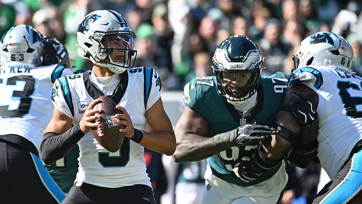 Oct 18, 2026; Philadelphia, Pennsylvania, USA; Carolina Panthers quarterback Bryce Young (9) is pressured by Philadelphia Eagles defensive tackle Moro Ojomo (97) at Lincoln Financial Field. Mandatory Credit: Eric Hartline-Imagn Images Oct 18, 2026; Philadelphia, Pennsylvania, USA; Carolina Panthers quarterback Bryce Young (9) is pressured by Philadelphia Eagles defensive tackle Moro Ojomo (97) at Lincoln Financial Field. Mandatory Credit: Eric Hartline-Imagn Images