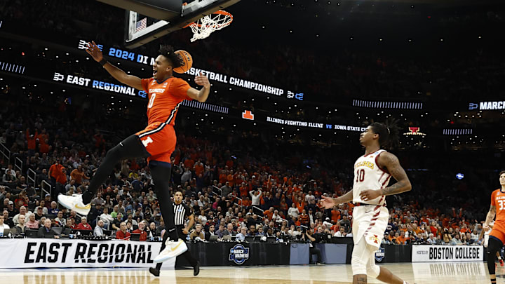 Mar 28, 2024; Boston, MA, USA; Illinois Fighting Illini guard Terrence Shannon Jr. (0) dunks the ball against the Iowa State Cyclones in the semifinals of the East Regional of the 2024 NCAA Tournament at TD Garden. Mandatory Credit: Winslow Townson-Imagn Images